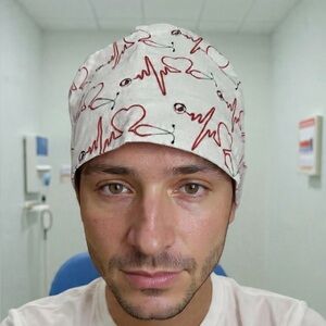 Unbranded Red Heartbeat Print Medical Scrub Cap
